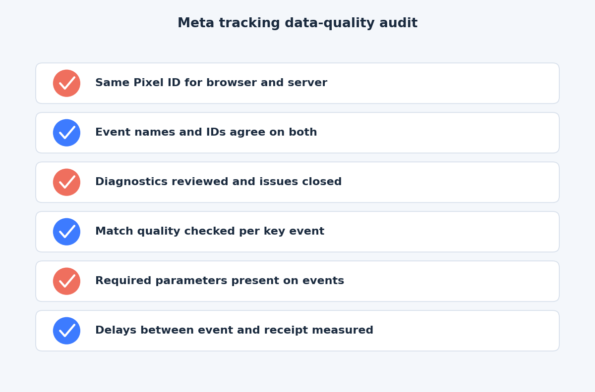 Checklist of six checks for a Meta tracking data-quality audit
